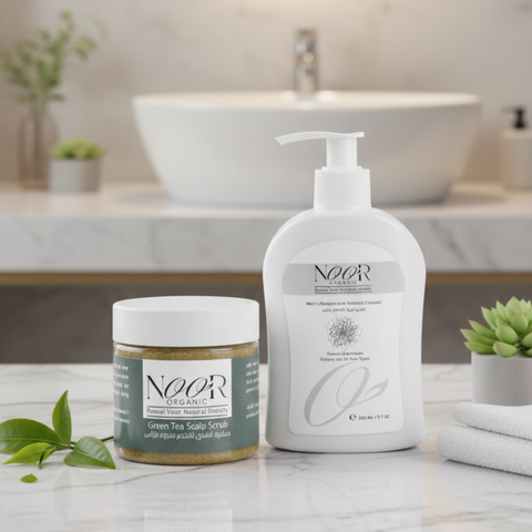 مجموعة شامبو الفحم وسنفرة الشاي الاخضر لفروة الرأس